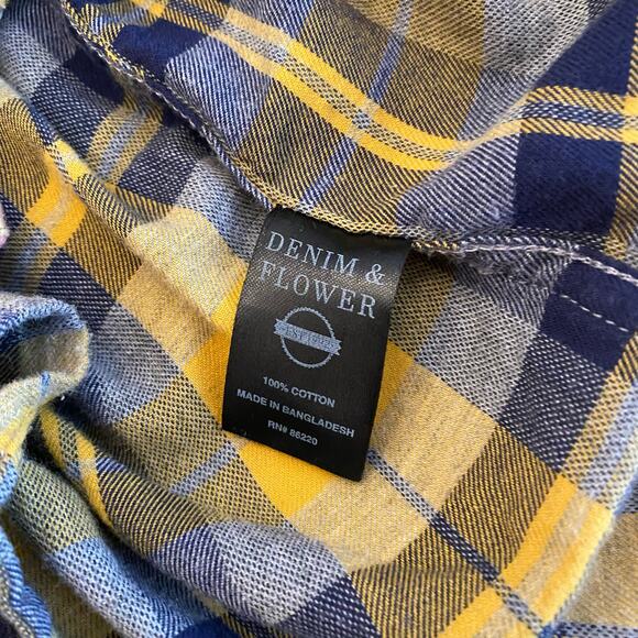 Denim & Flower Slim Fit Yellow Blue Plaid Flannel Long Sleeve Shirt XL - Picture 7 of 12